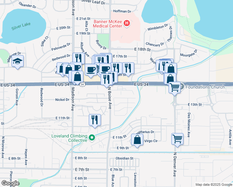 map of restaurants, bars, coffee shops, grocery stores, and more near 1624 East Eisenhower Boulevard in Loveland