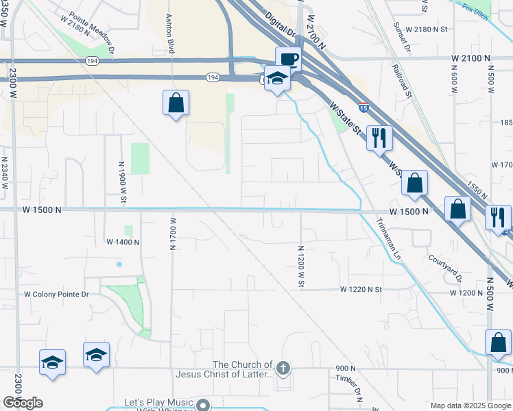 map of restaurants, bars, coffee shops, grocery stores, and more near 1332 West 1500 North in Lehi