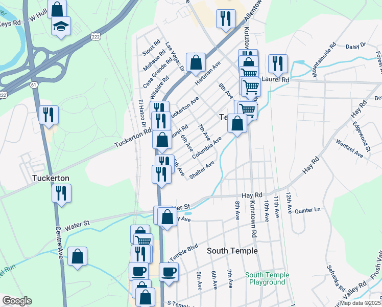 map of restaurants, bars, coffee shops, grocery stores, and more near 596 Euclid Avenue in Temple