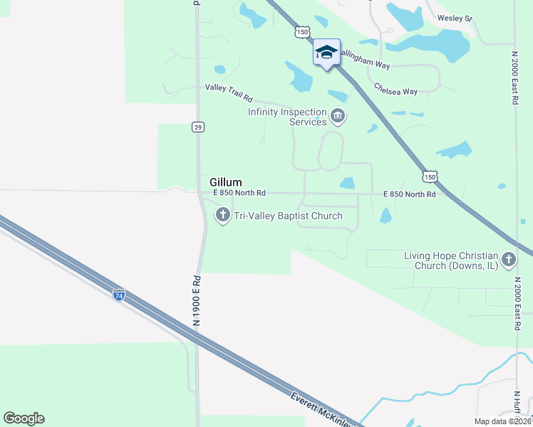 map of restaurants, bars, coffee shops, grocery stores, and more near 19281 East 850 North Road in Bloomington