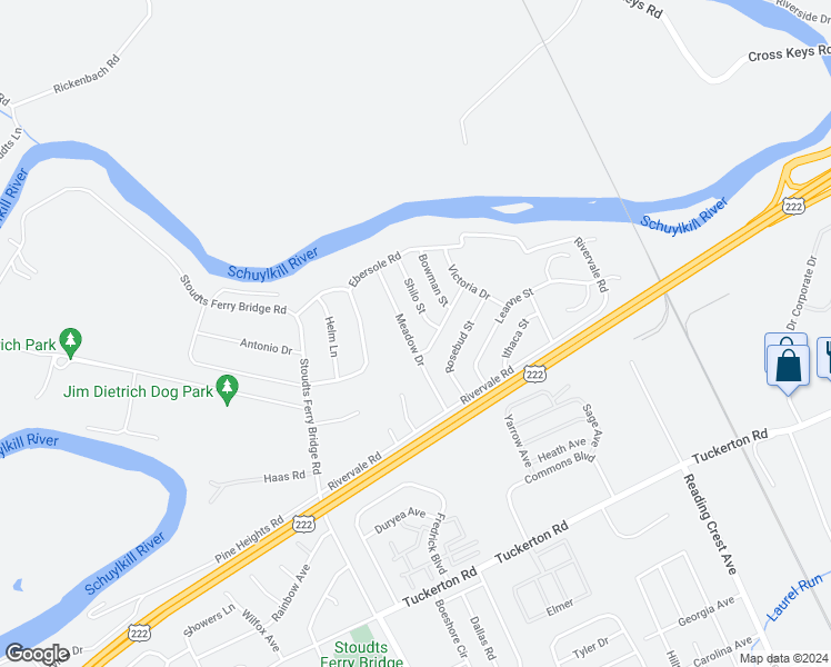 map of restaurants, bars, coffee shops, grocery stores, and more near 1017 Meadow Drive in Reading