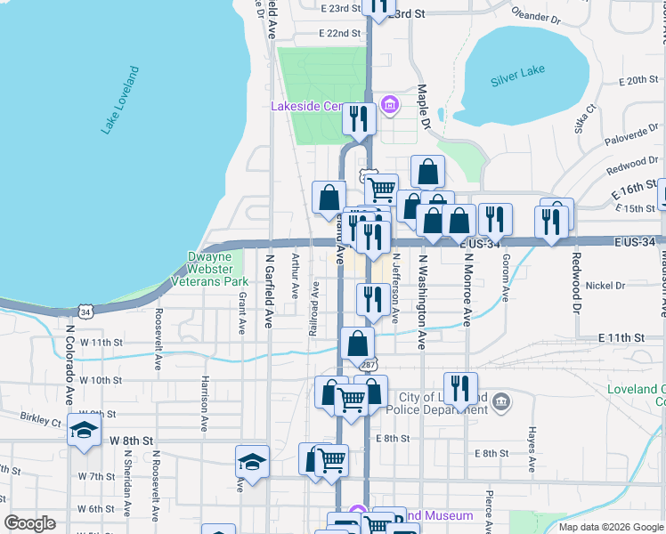 map of restaurants, bars, coffee shops, grocery stores, and more near 1325 Cleveland Ave in Loveland
