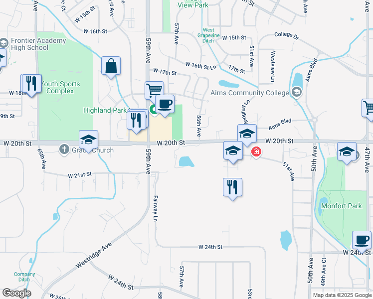 map of restaurants, bars, coffee shops, grocery stores, and more near 5750 West 20th Street in Greeley