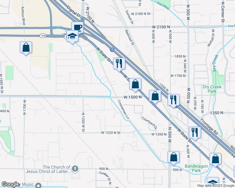 map of restaurants, bars, coffee shops, grocery stores, and more near 1530 Trinnaman Lane in Lehi