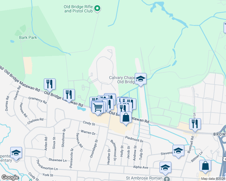 map of restaurants, bars, coffee shops, grocery stores, and more near 189 Hidden Court in Old Bridge