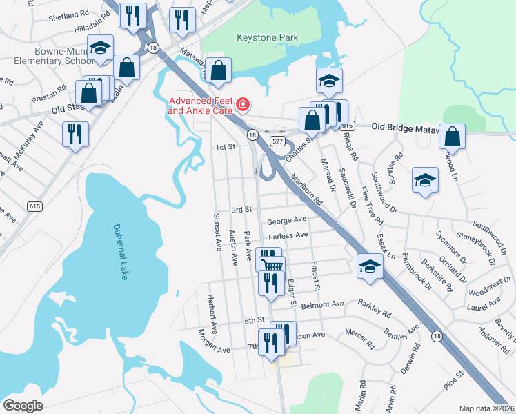 map of restaurants, bars, coffee shops, grocery stores, and more near 9 Leon Avenue in Old Bridge