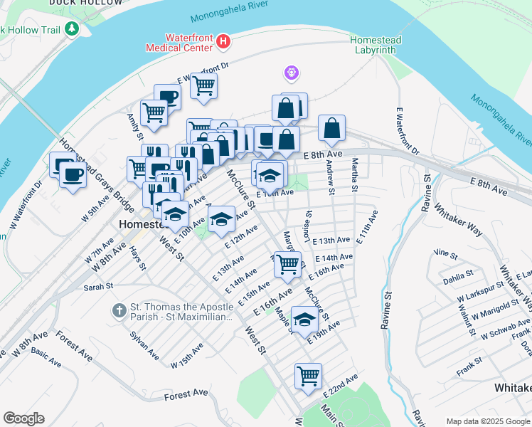 map of restaurants, bars, coffee shops, grocery stores, and more near 416 East 10th Avenue in Munhall