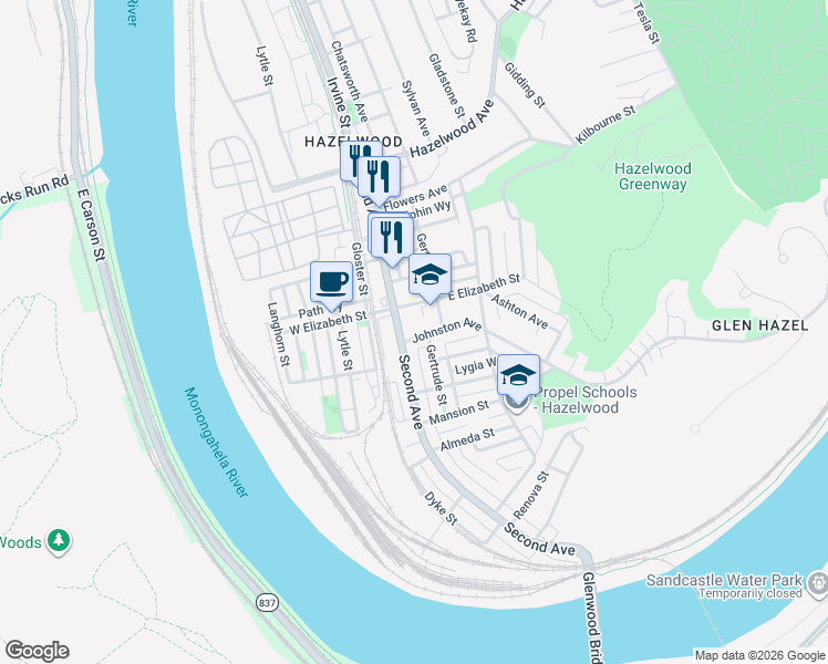 map of restaurants, bars, coffee shops, grocery stores, and more near 5115 Second Avenue in Pittsburgh