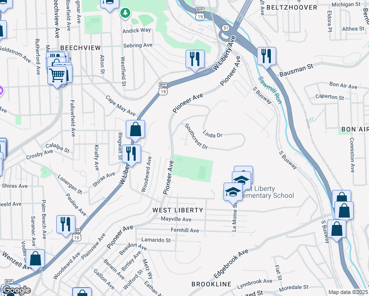 map of restaurants, bars, coffee shops, grocery stores, and more near 510 Southcrest Drive in Pittsburgh