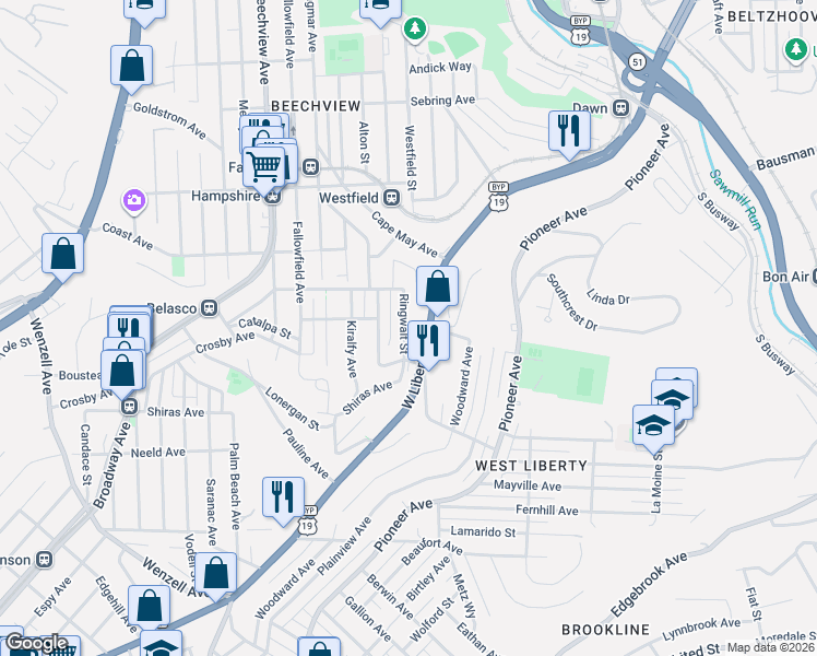 map of restaurants, bars, coffee shops, grocery stores, and more near 1817 Ringwalt Street in Pittsburgh