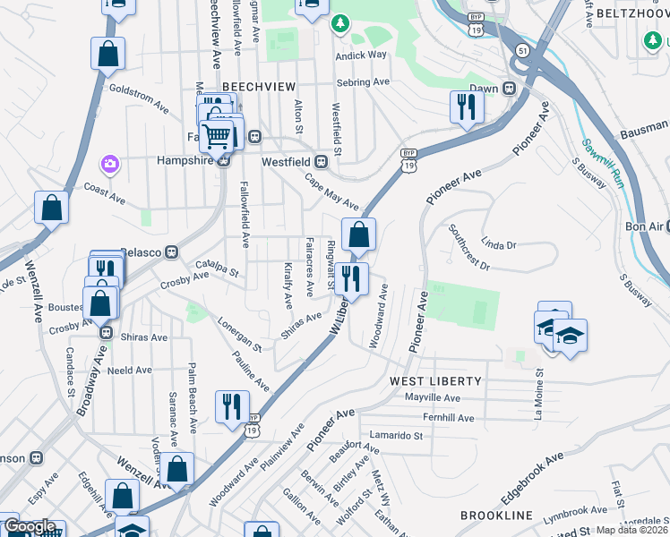 map of restaurants, bars, coffee shops, grocery stores, and more near 1817 Ringwalt Street in Pittsburgh