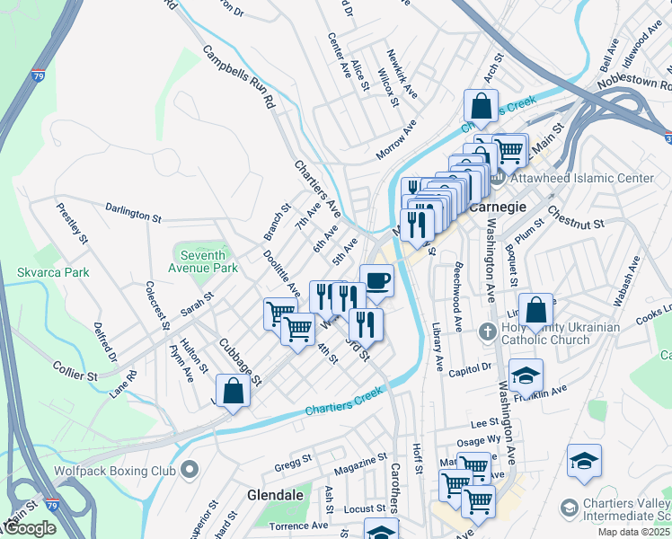 map of restaurants, bars, coffee shops, grocery stores, and more near 200 5th Avenue in Carnegie