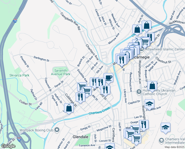 map of restaurants, bars, coffee shops, grocery stores, and more near 306 6th Avenue in Carnegie