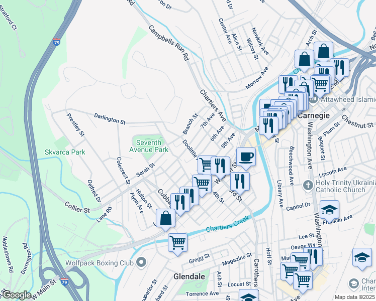 map of restaurants, bars, coffee shops, grocery stores, and more near 332 7th Avenue in Carnegie