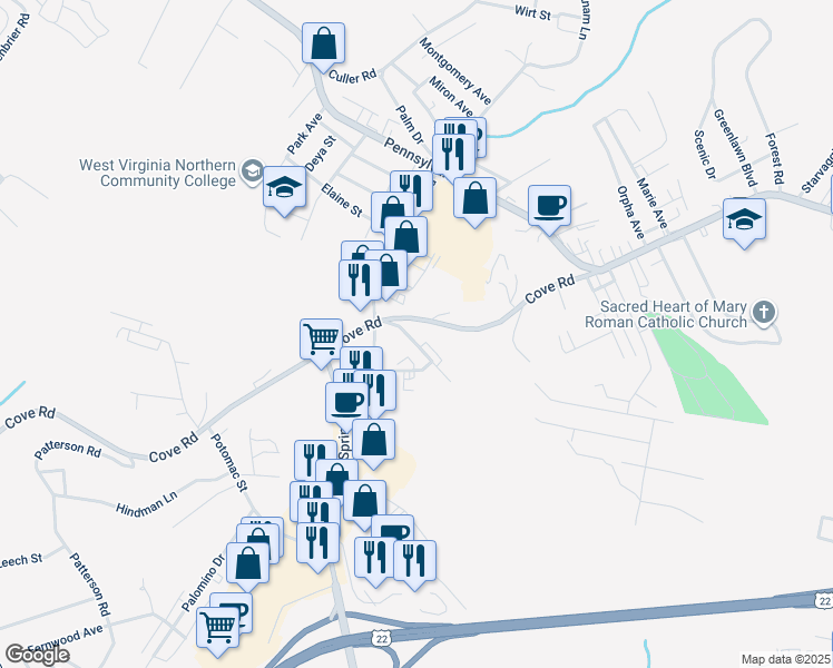 map of restaurants, bars, coffee shops, grocery stores, and more near 341 Penco Road in Weirton