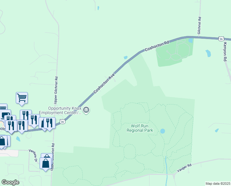 map of restaurants, bars, coffee shops, grocery stores, and more near 17880 Coshocton Avenue in Mount Vernon