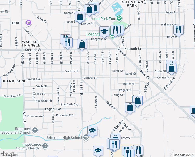 map of restaurants, bars, coffee shops, grocery stores, and more near 1015 South 20th Street in Lafayette