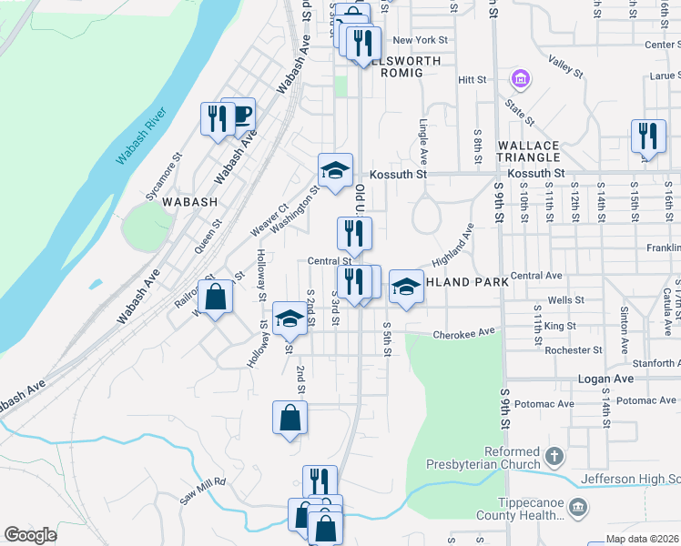map of restaurants, bars, coffee shops, grocery stores, and more near 1002 South 4th Street in Lafayette