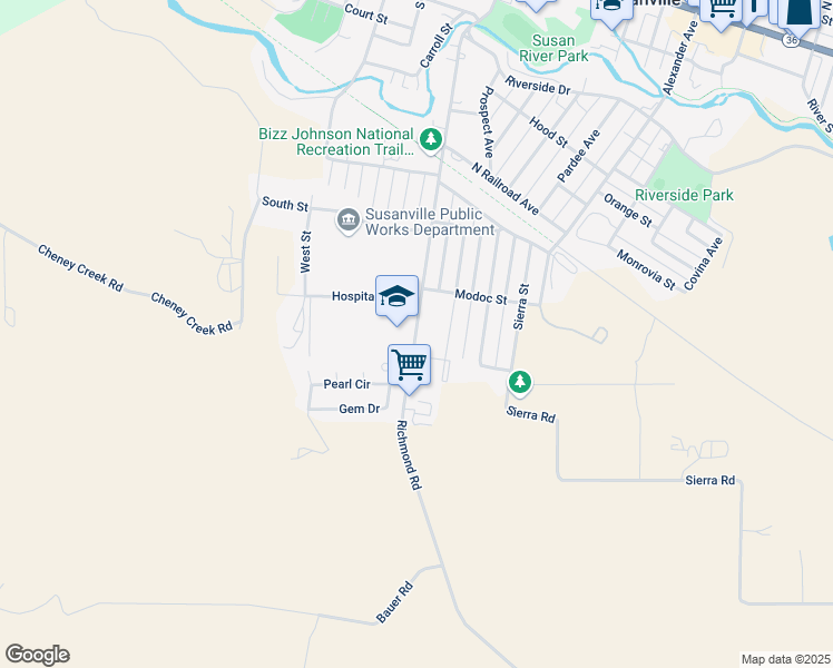 map of restaurants, bars, coffee shops, grocery stores, and more near 1338 Richmond Road in Susanville