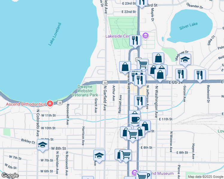 map of restaurants, bars, coffee shops, grocery stores, and more near 1325 Arthur Avenue in Loveland