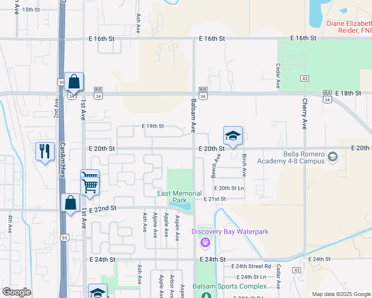 map of restaurants, bars, coffee shops, grocery stores, and more near 614 East 20th Street in Greeley