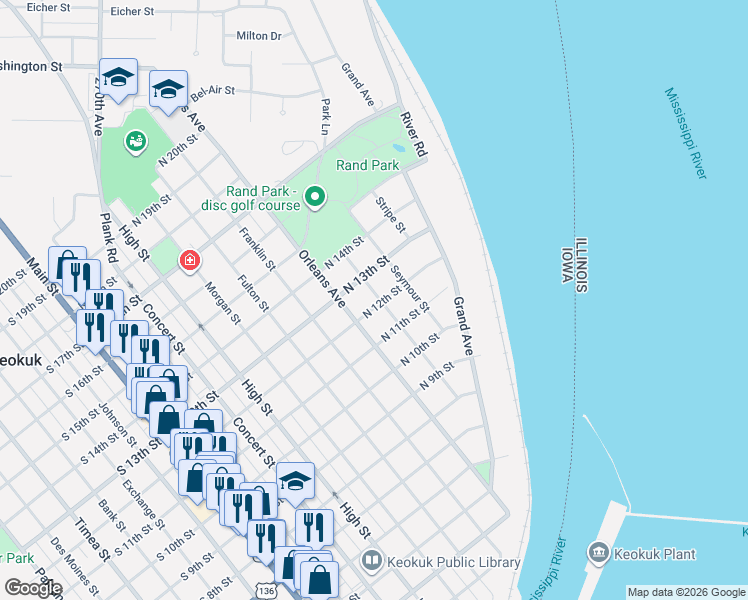 map of restaurants, bars, coffee shops, grocery stores, and more near 1226 Leighton Street in Keokuk