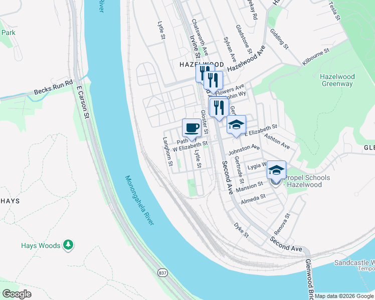 map of restaurants, bars, coffee shops, grocery stores, and more near 5032 Lytle Street in Pittsburgh