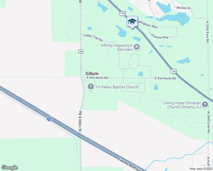 map of restaurants, bars, coffee shops, grocery stores, and more near 19281 East 850 North Road in Bloomington