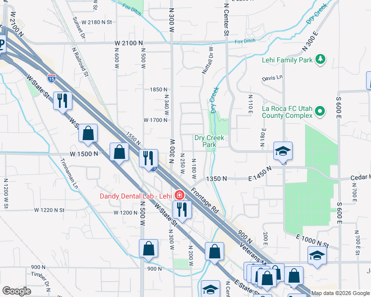 map of restaurants, bars, coffee shops, grocery stores, and more near 1512 North 250 West in Lehi