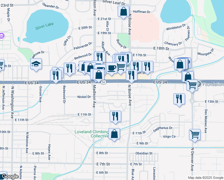 map of restaurants, bars, coffee shops, grocery stores, and more near 1538 East Eisenhower Boulevard in Loveland