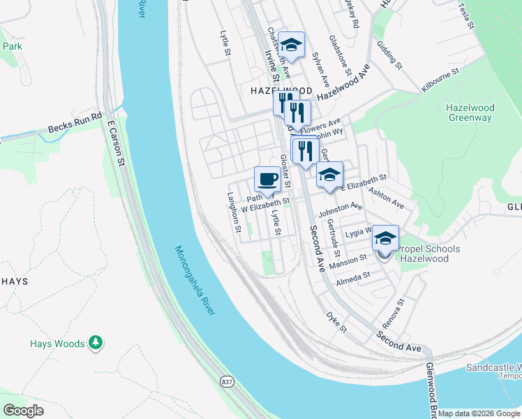 map of restaurants, bars, coffee shops, grocery stores, and more near 5032 Lytle Street in Pittsburgh