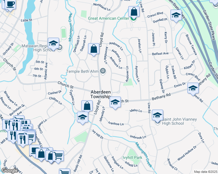 map of restaurants, bars, coffee shops, grocery stores, and more near 33 Avondale Lane in Aberdeen Township