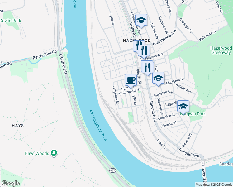 map of restaurants, bars, coffee shops, grocery stores, and more near 408 Path Way in Pittsburgh