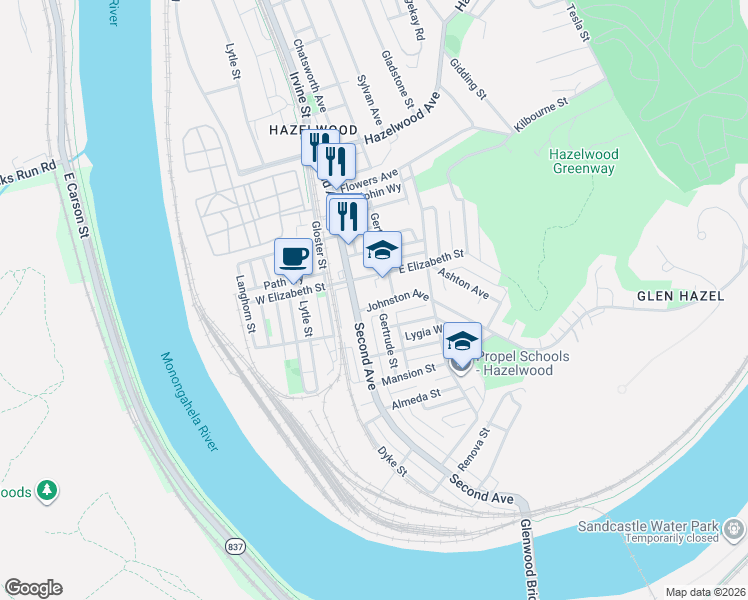 map of restaurants, bars, coffee shops, grocery stores, and more near 5115 Second Avenue in Pittsburgh