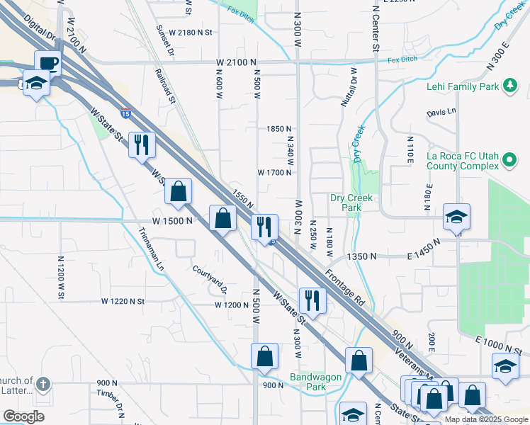 map of restaurants, bars, coffee shops, grocery stores, and more near 464 North Frontage Road in Lehi