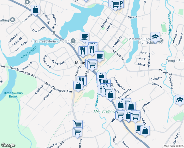 map of restaurants, bars, coffee shops, grocery stores, and more near 952 New Jersey 34 in Matawan