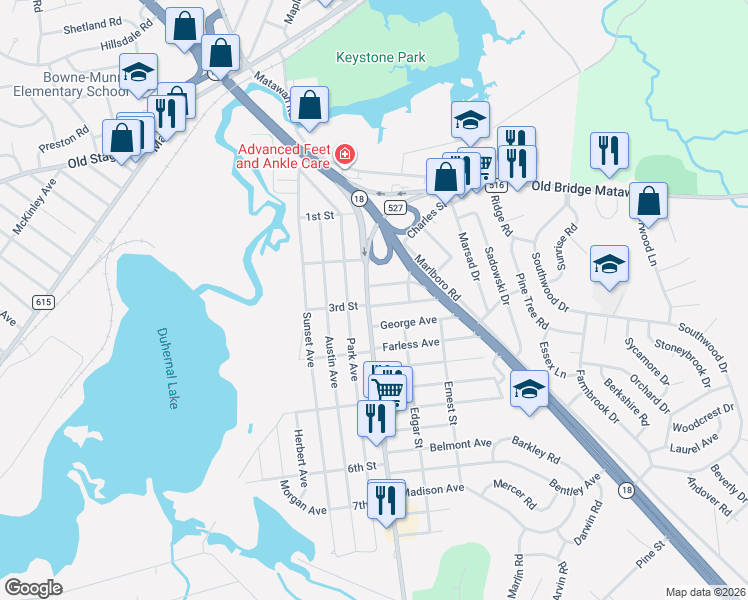 map of restaurants, bars, coffee shops, grocery stores, and more near 906 Englishtown Road in Old Bridge
