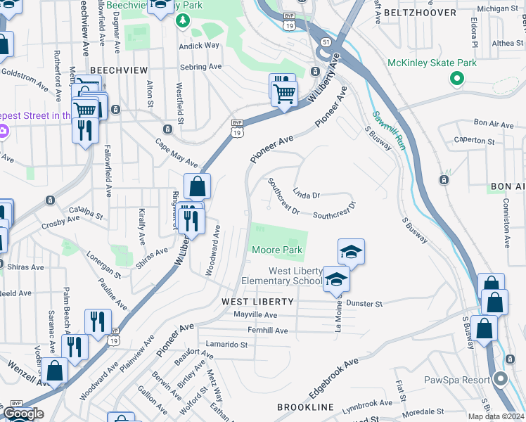 map of restaurants, bars, coffee shops, grocery stores, and more near 656 Southcrest Court in Pittsburgh