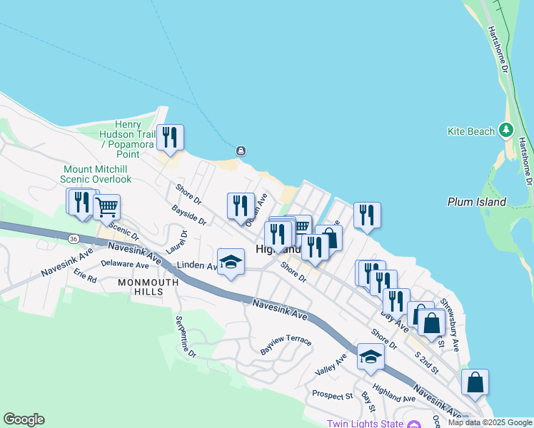 map of restaurants, bars, coffee shops, grocery stores, and more near 14 Central Avenue in Highlands