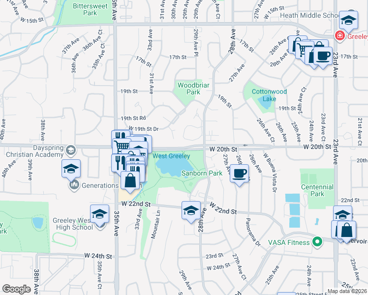 map of restaurants, bars, coffee shops, grocery stores, and more near 22 Cottonwood Creek Court in Greeley
