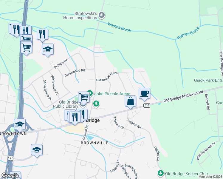 map of restaurants, bars, coffee shops, grocery stores, and more near 26 Bradford Drive in Old Bridge
