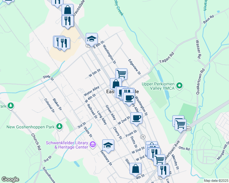 map of restaurants, bars, coffee shops, grocery stores, and more near in East Greenville