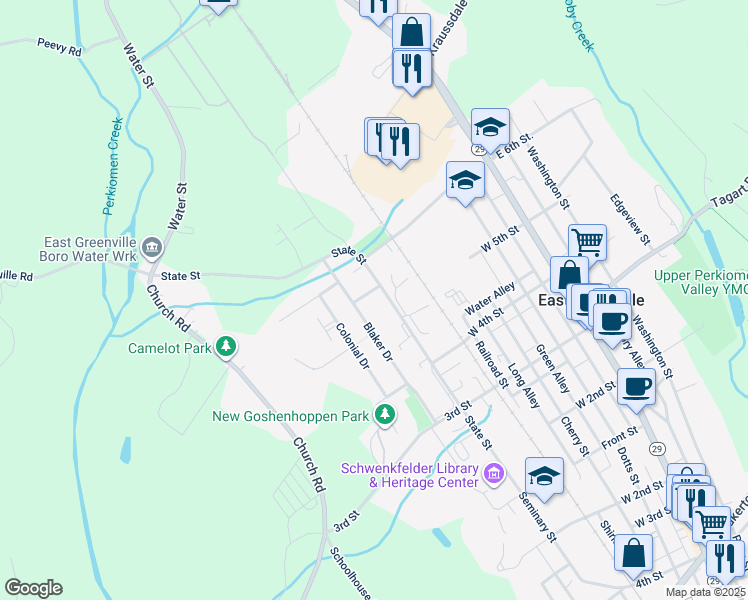 map of restaurants, bars, coffee shops, grocery stores, and more near 542 State Street in East Greenville