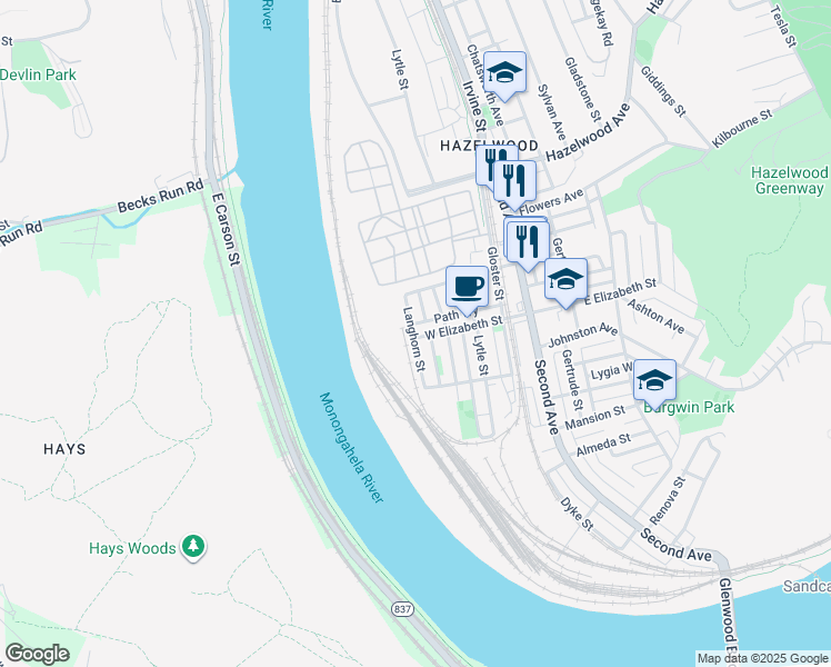 map of restaurants, bars, coffee shops, grocery stores, and more near 408 Path Way in Pittsburgh