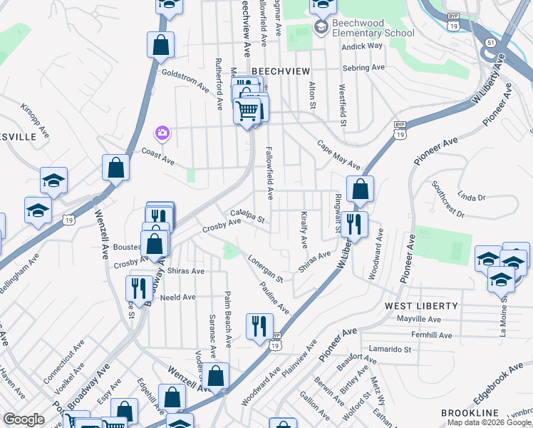 map of restaurants, bars, coffee shops, grocery stores, and more near 1813 Fallowfield Avenue in Pittsburgh