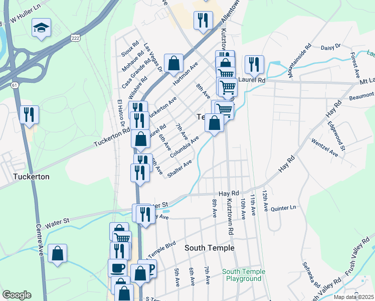 map of restaurants, bars, coffee shops, grocery stores, and more near 628 Columbia Avenue in Temple