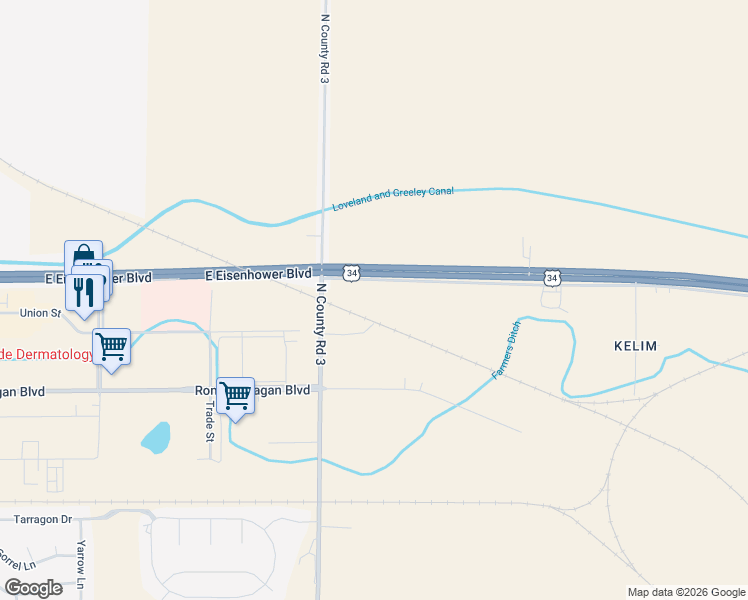 map of restaurants, bars, coffee shops, grocery stores, and more near 7900 U.S. 34 in Johnstown