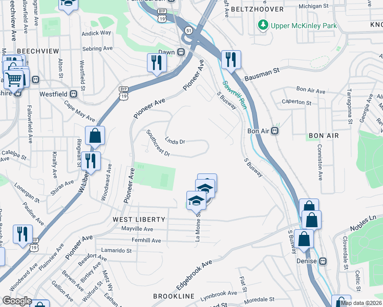 map of restaurants, bars, coffee shops, grocery stores, and more near 798 Linda Drive in Pittsburgh