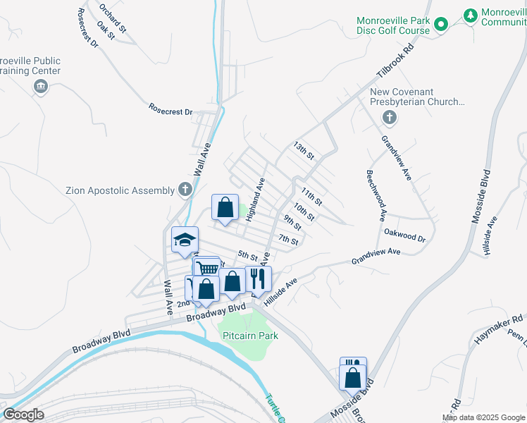 map of restaurants, bars, coffee shops, grocery stores, and more near 618 8th Street in Pitcairn