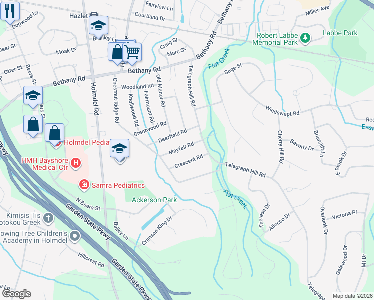 map of restaurants, bars, coffee shops, grocery stores, and more near 12 Mayfair Road in Holmdel